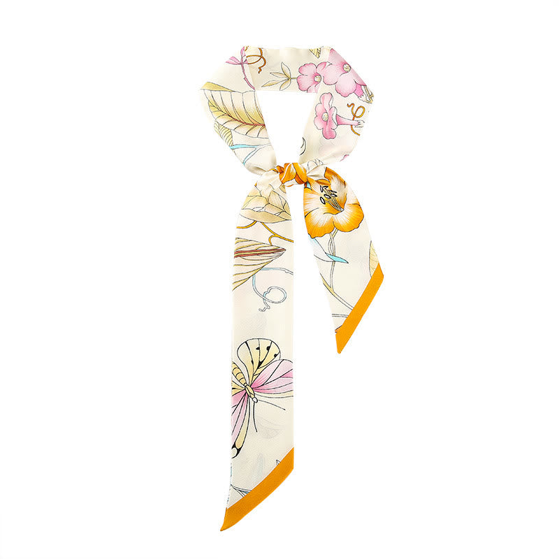 Buddha Stones Dunhuang Frescoes Mountains Sunset Floral Pattern 100% Mulberry Twilly Silk Neck Hair Scarf - Orange Flowers - image 18