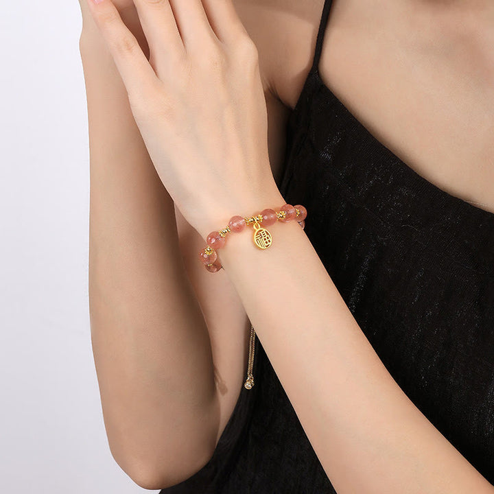 Buddha Stones 14K Gold Plated Natural Strawberry Quartz Fu Character Positive Charm Bracelet - image 5