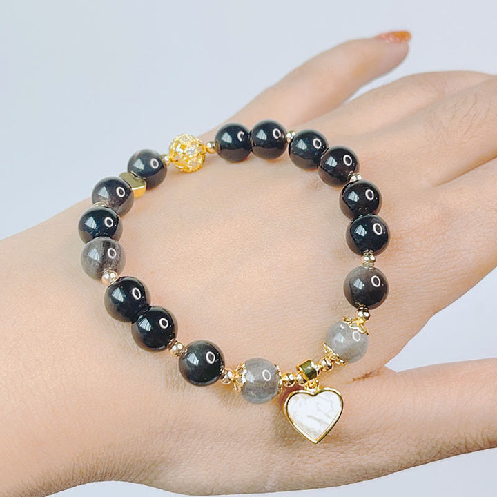 Buddha Stones Natural Silver Sheen Obsidian Love Heart Star Flower Protection Bracelet - image 4