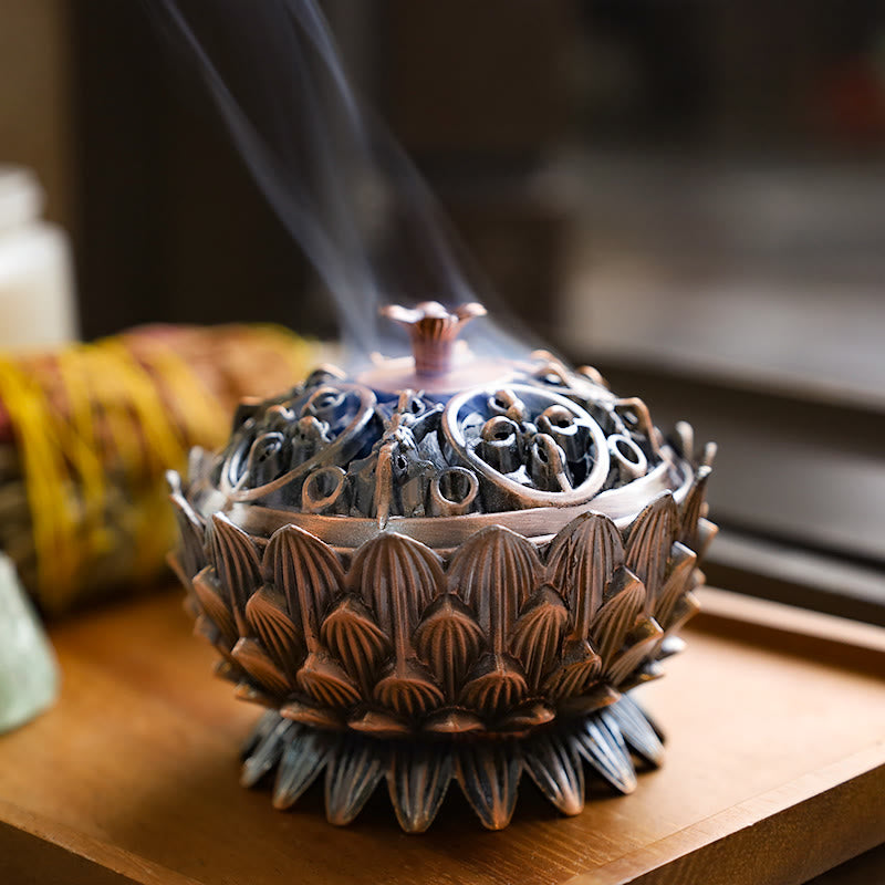 Buddha Stones Tibetan Lotus Shaped Purify Incense Burner - Red Bronze - image 1