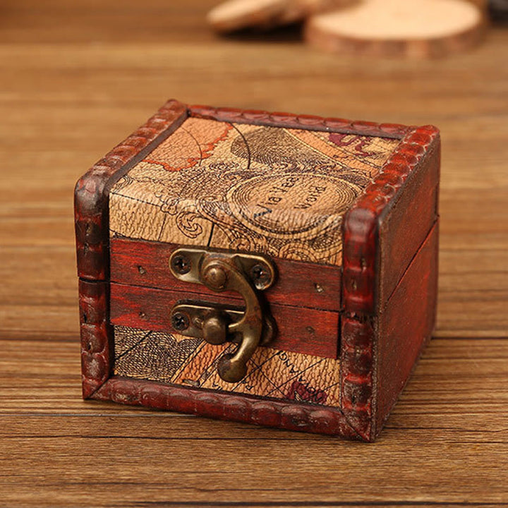 Buddha Stones Retro Small Square Wood Jewelry Box Lotus Grass Flower Grape Copper Coin Daffodil Jewelry Storage Box - Map 8* 6.5*6cm - image 20