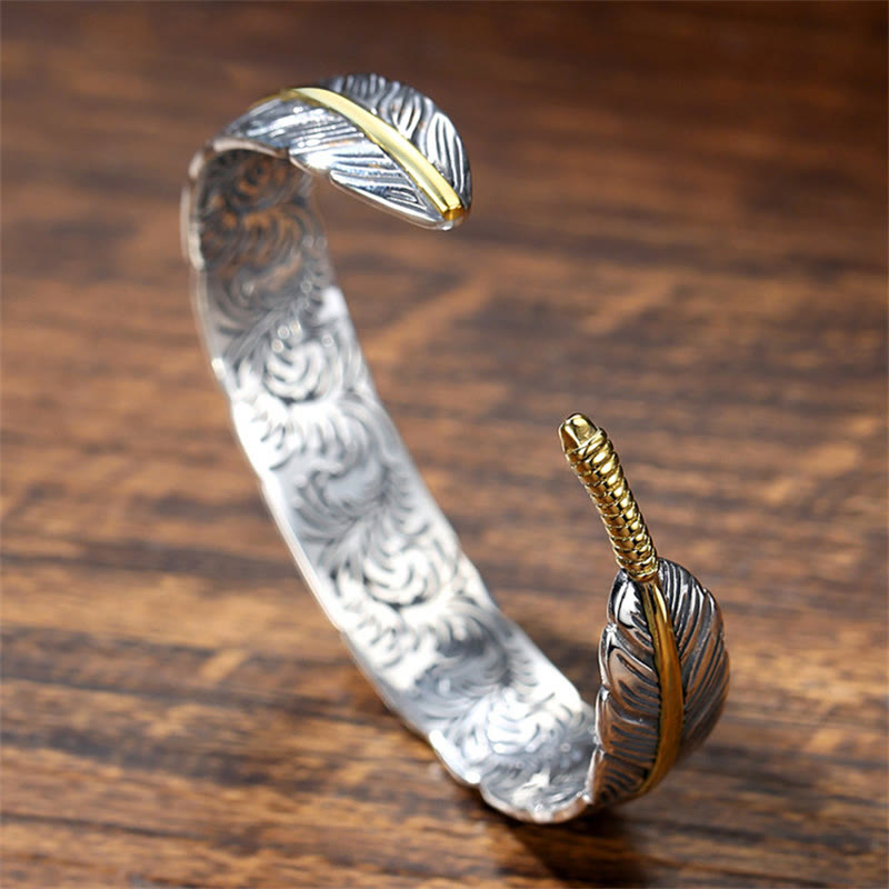 Buddha Stones Feather Pattern Carved Luck Wealth Cuff Bracelet Bangle - image 4