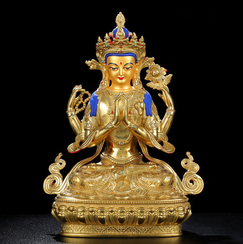 Chenrezig Four-armed Avalokitesvara Protection Copper Gold Plated Statue Decoration - image 9