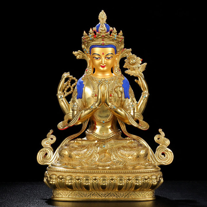 Chenrezig Four-armed Avalokitesvara Protection Copper Gold Plated Statue Decoration - image 9