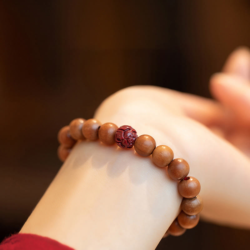 Buddha Stones Peach Wood Lotus Cinnabar Luck Wealth Bracelet - 8mm - image 0