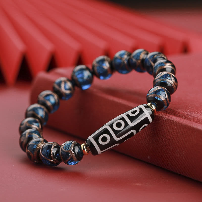 Buddha Stones Tibetan Nine-Eye Dzi Bead Three-eyed Dzi Bead Liuli Glass Bead Wealth Bracelet - Long Nine-Eye Dzi Bead - Blue Liuli Glass Bead - 14mm - image 12
