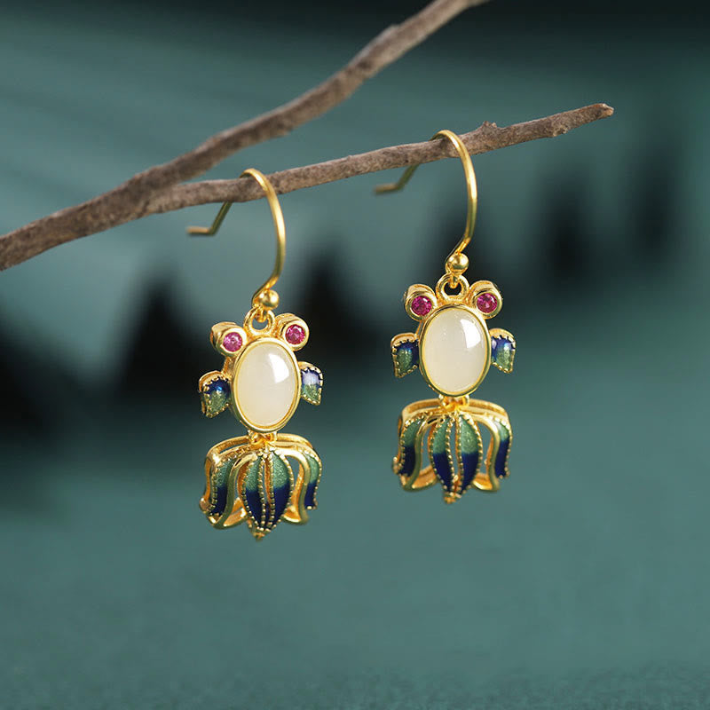 925 Sterling Silver Hetian White Jade Red Agate Cute Fish Happiness Drop Earrings - Gold - Hetian White Jade(Protection♥Happiness) - image 0