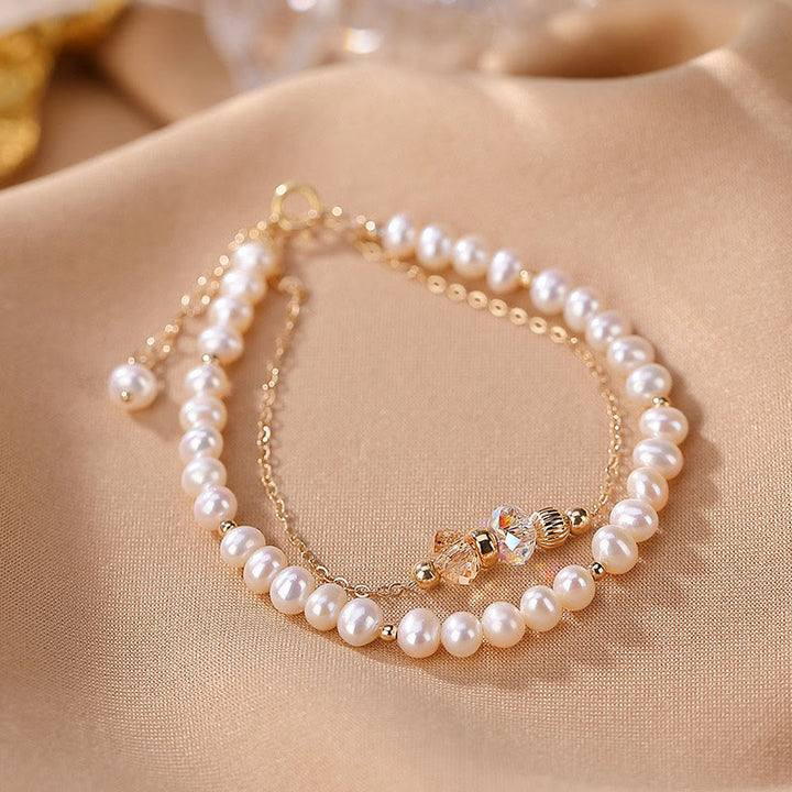 Buddha Stones 925 Sterling Silver 14K Gold Plated Natural Pearl Crystal Healing Double Layer Bracelet - image 2