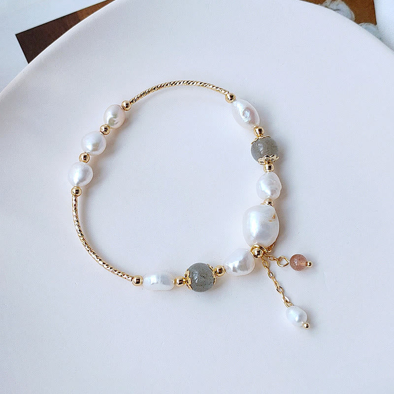Buddha Stones Pearl Moonstone Strawberry Quartz Bead Optimism Bracelet - 5.51-6.39 in / 14-16 cm - image 0