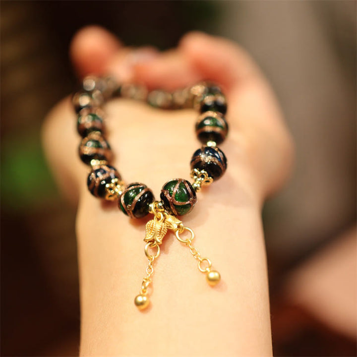 Buddha Stones Tibetan Gold Swallowing Beast Family Five God Of Wealth Thangka Fortune Bead Bracelet - Blue Green Flower - image 6