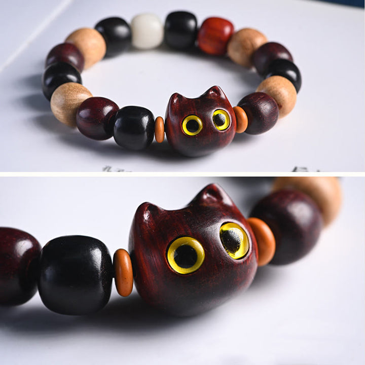 Buddha Stones Small Leaf Red Sandalwood Ebony Wood Cute Cat Engraved Protection Bracelet - image 16