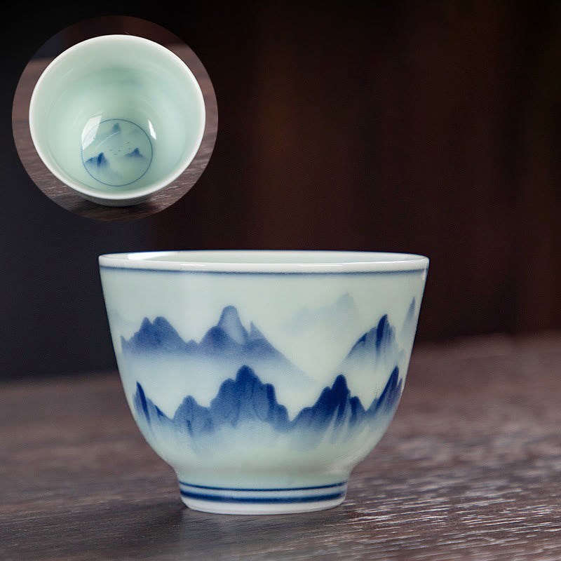 Buddha Stones Blue Landscape Mountains Lotus Cute Cat Pavilions Magnolia Reed Egrets Ceramic Teacup Small Kung Fu Tea Cup - Mountains 6cm*4.5cm*50ml - image 3