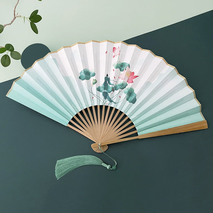 Buddha Stones Retro Lotus Flower Leaf Mountain Lake Handheld Folding Fan With Bamboo Frames - Lotus Flower Leaf - Brown Bamboo Frames - image 8