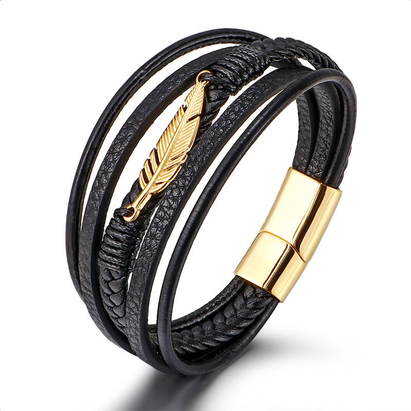 Buddha Stones Feather Pattern Multilayer Leather Titanium Steel Calm Braided Magnetic Buckle Bracelet - Gold 21.5cm - image 0