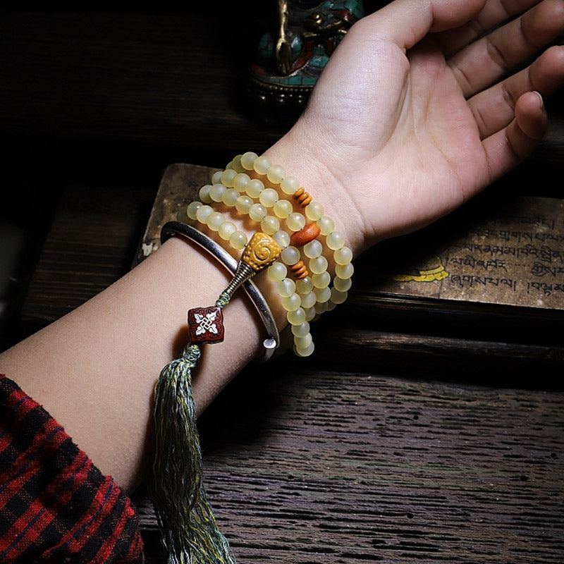Buddha Stones 108 Mala Beads Tibet Sheep Horn Amber Luck Bracelet - image 3