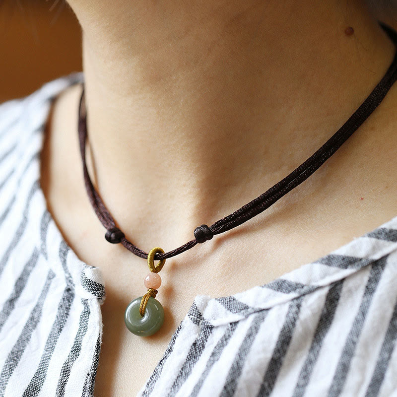 Buddha Stones Natural Round Jade Peace Buckle Lotus Abundance String Necklace Pendant - Brown - Peace Buckle - image 9