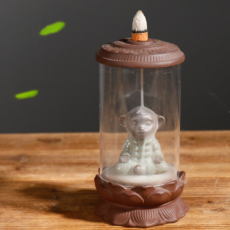 Meditation Wukong Monkey King Purple Clay Windshield Lotus Backflow Smoke Fountain Incense Burner Decoration - image 2