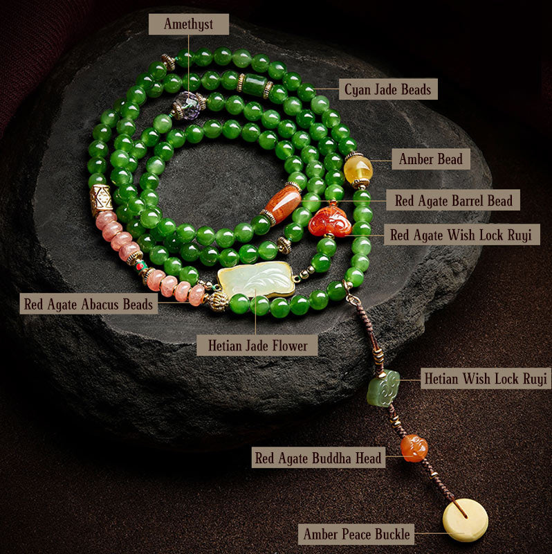 Buddha Stones 108 Mala Beads Cyan Jade Red Agate Laughing Buddha Luck Bracelet - image 17