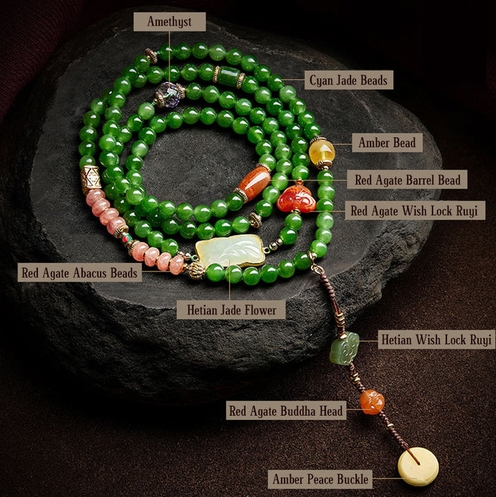 Buddha Stones 108 Mala Beads Cyan Jade Red Agate Laughing Buddha Luck Bracelet - image 17