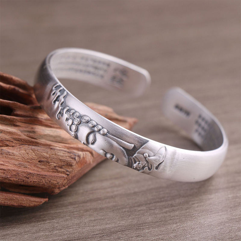 Buddha Stones 999 Sterling Silver Buddha Head Heart Sutra Serenity Bracelet Bangle - Buddha Symbol (Compassion ♥ Serenity) - image 0