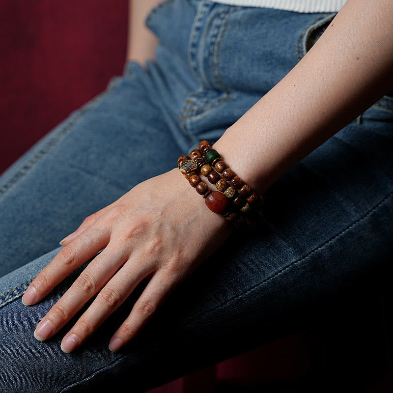 Buddha Stones Tibetan Bodhi Seed Amber Dzi Bead Agate Zakiram Goddess of Wealth Beads Triple Wrap Bracelet - image 12