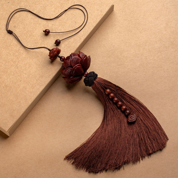 Buddha Stones Tibetan Small Leaf Red Sandalwood Lotus Luck Protection Tassel Decoration - Brown - Decoration - image 1