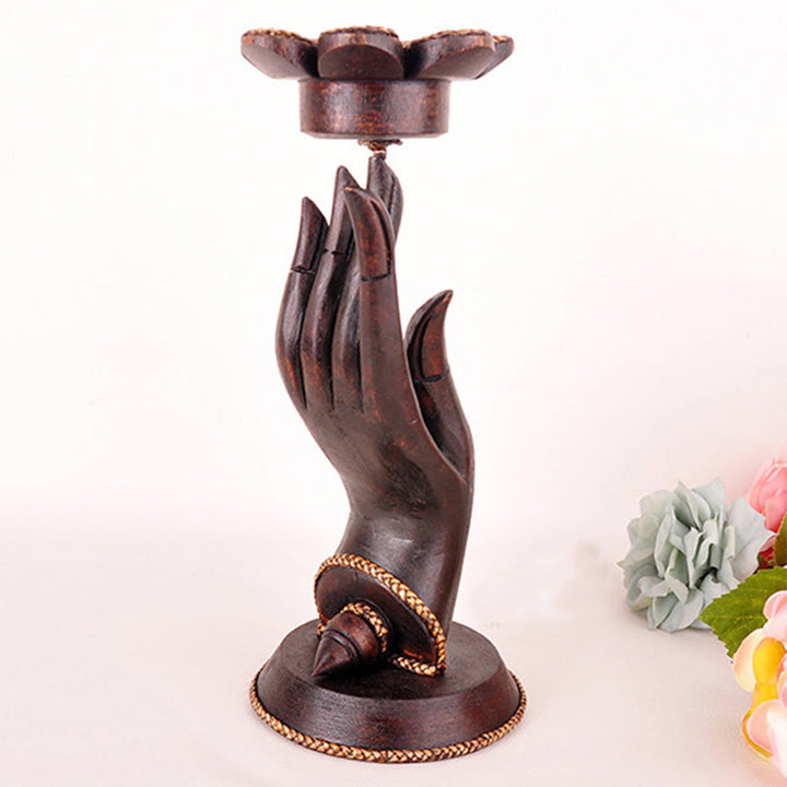 Buddha Stones Hand Pattern Wood Candlestick Home Candle Holder Decoration - image 9