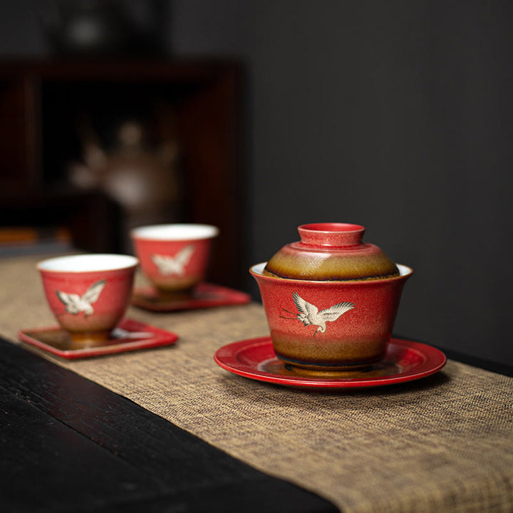 Buddha Stones Red Auspicious Crane Ceramic Gaiwan Sancai Teacup Kung Fu Tea Cup And Saucer With Lid - image 4