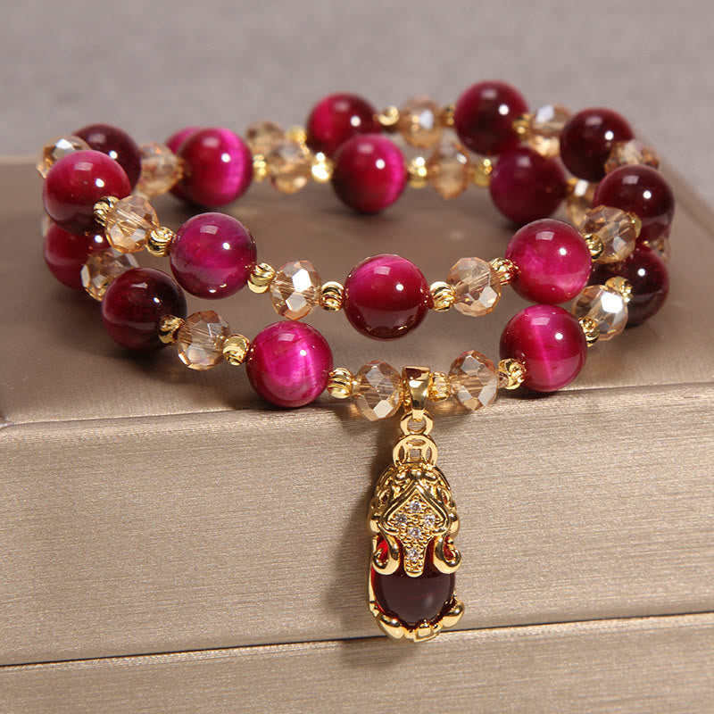 Buddha Stones Tiger Eye Pixiu Fox Money Bag Protection Self Confidence Double Wrap Bracelet - image 1