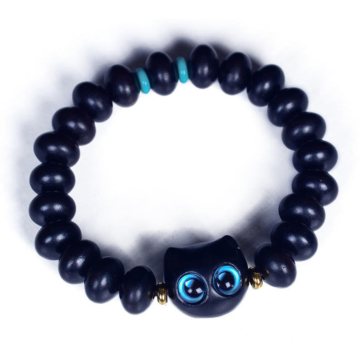 Buddha Stones Ebony Wood Liuli Glass Lovely Cat Peace Balance Bracelet - image 8