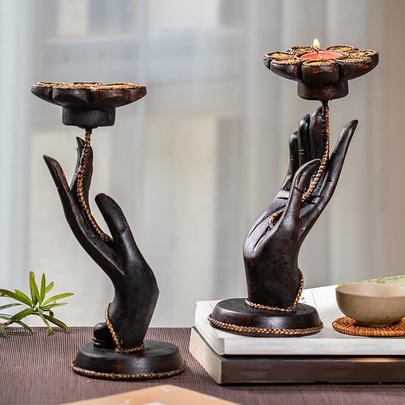 Buddha Stones Hand Pattern Wood Candlestick Home Candle Holder Decoration - image 1