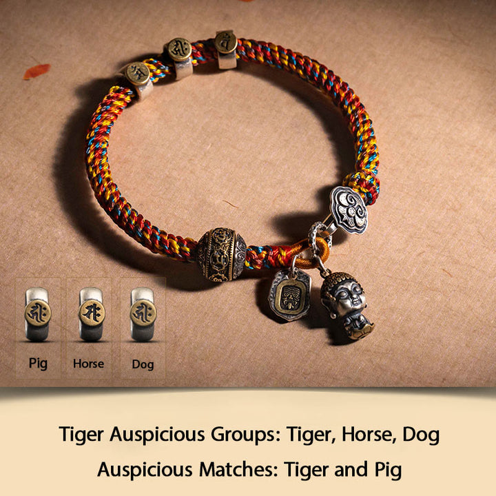 Buddha Stones Handmade Tibetan 925 Sterling Silver Chinese Zodiac Natal Buddha Zakiram Goddess of Wealth Protection Multicolored Rope Braided Bracelet - Tiger-Void Bodhisattva - 17-19cm - image 8