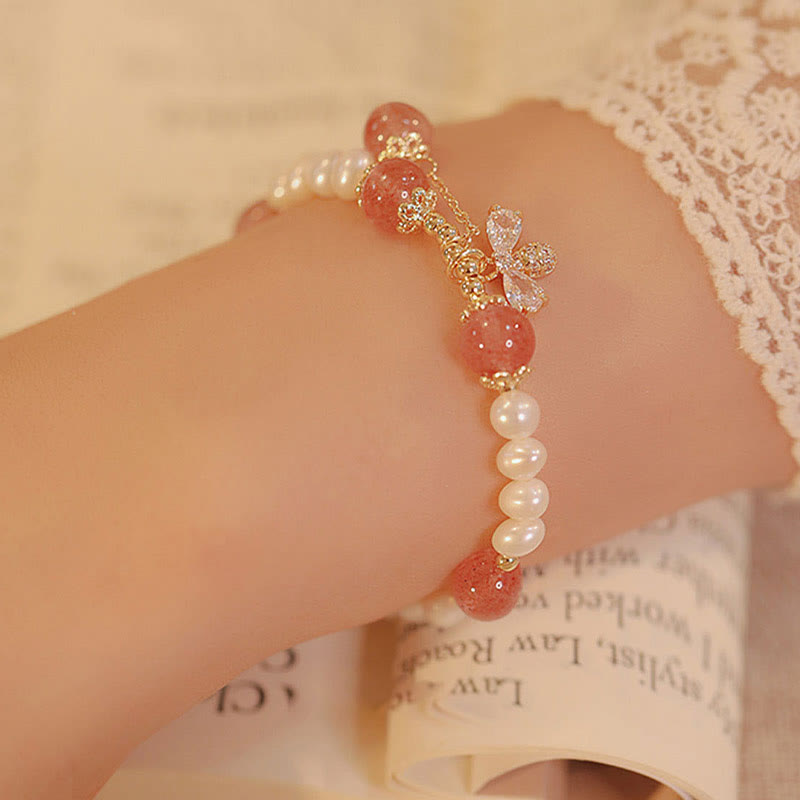 Buddha Stones Natural Pearl Strawberry Quartz Healing Cute Honey Bee Charm Bracelet - image 2