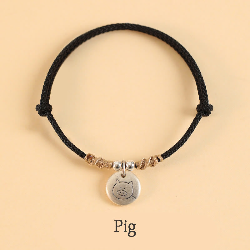 Buddha Stones Handmade 999 Sterling Silver Year of the Dragon Cute Chinese Zodiac Luck Braided Bracelet - Black Rope - Pig(Wrist Circumference 14-17cm) - image 35