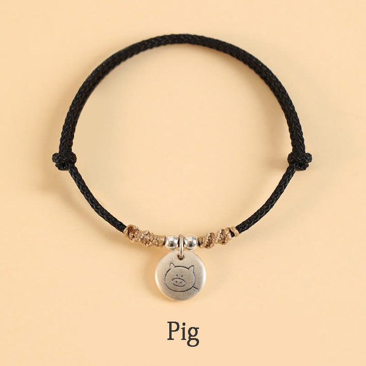 Buddha Stones Handmade 999 Sterling Silver Year of the Dragon Cute Chinese Zodiac Luck Braided Bracelet - Black Rope - Pig(Wrist Circumference 14-17cm) - image 35