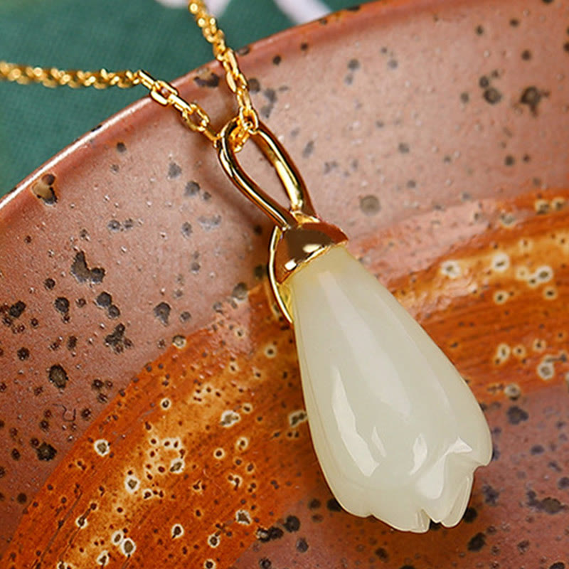 Buddha Stones 925 Sterling Silver Plated Gold Natural Hetian Jade Magnolia Flower Abundance Necklace Pendant - image 4