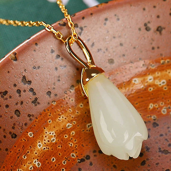 Buddha Stones 925 Sterling Silver Plated Gold Natural Hetian Jade Magnolia Flower Abundance Necklace Pendant - image 4