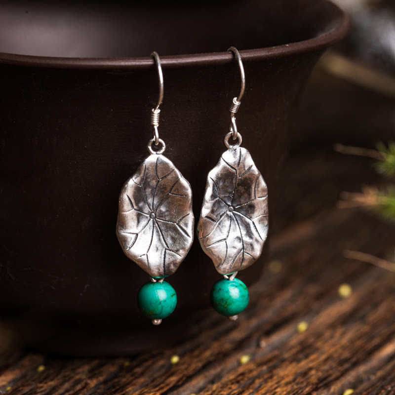 Buddha Stones 925 Sterling Silver Turquoise Lotus Leaf Protection Drop Dangle Earrings - Turquoise&925 Sterling Silver - image 0