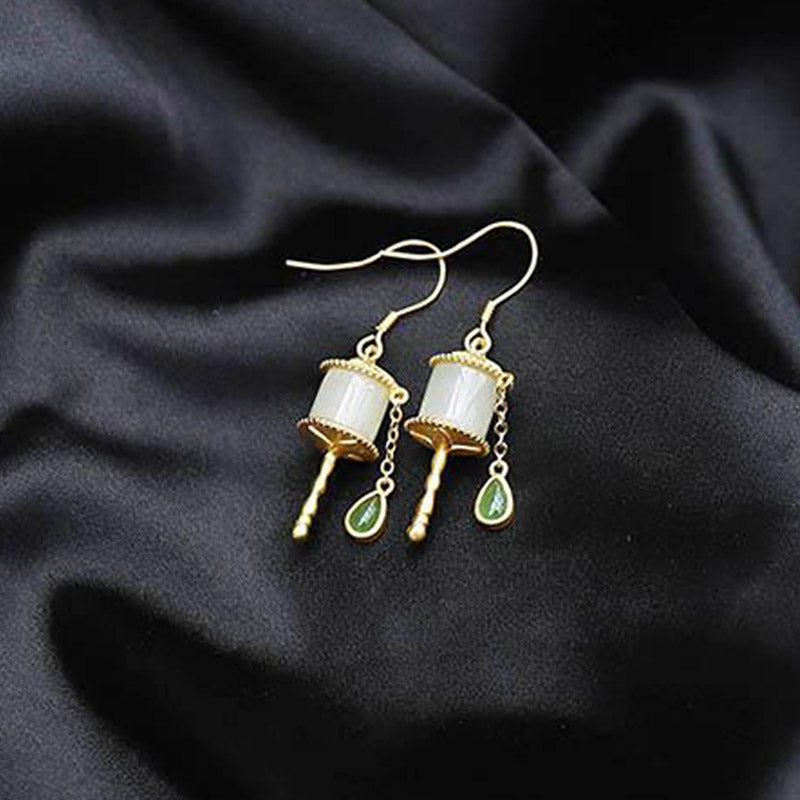 Buddha Stones 925 Sterling Silver Jade Prayer Wheel Luck Drop Earrings - image 6
