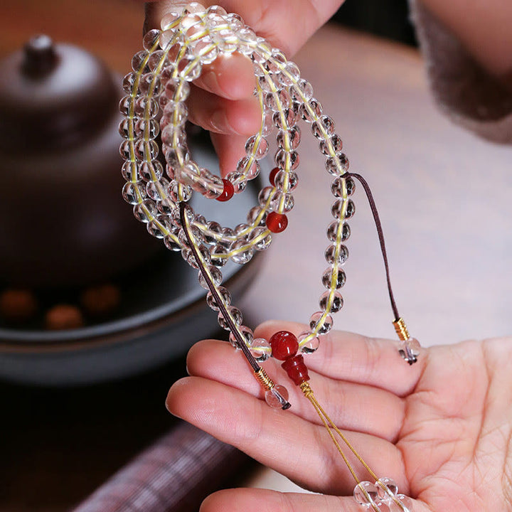 Buddha Stones 108 Mala Beads 925 Sterling Silver Natural White Agate Red Agate Quadruple Wrap Protection Bracelet - image 4