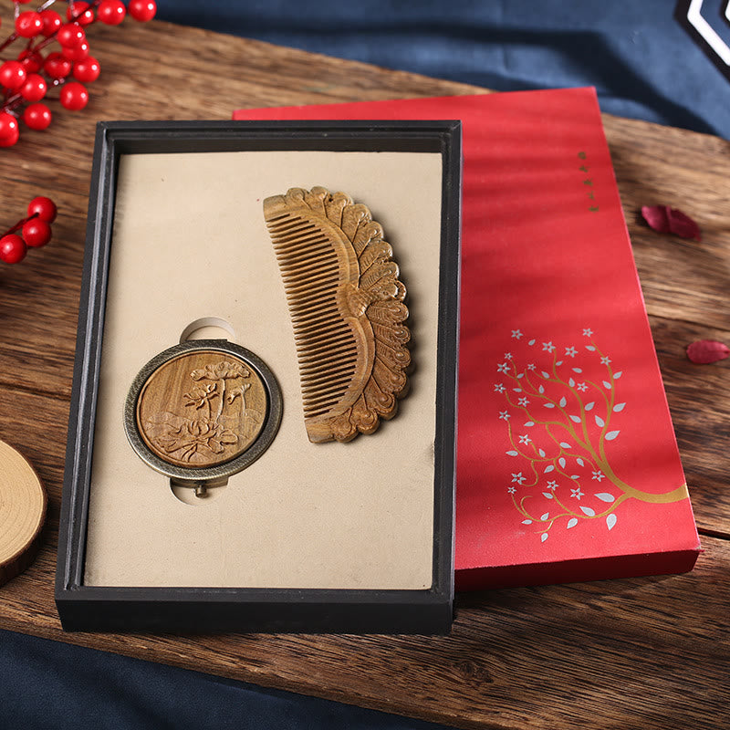 Natural Green Sandalwood Rosewood Lotus Flower Peacock Butterfly Engraved Soothing Comb - Green Sandalwood Peacock+Lotus Folding Mirror - image 2