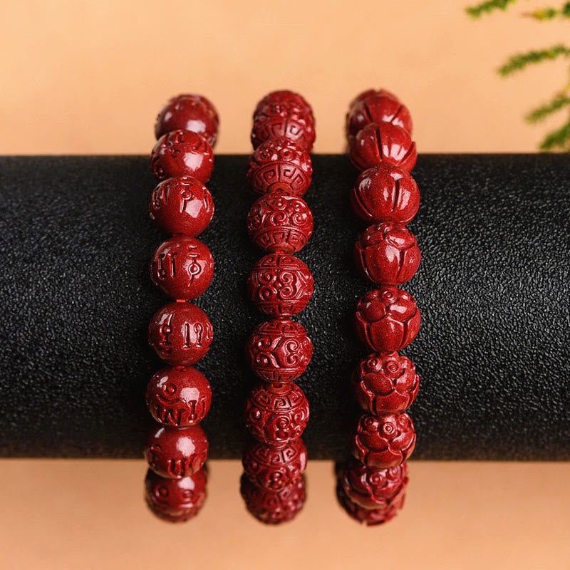 Buddha Stones Natural Cinnabar Om Mani Padme Hum Fret Pattern Lotus Blessing Bracelet - image 10