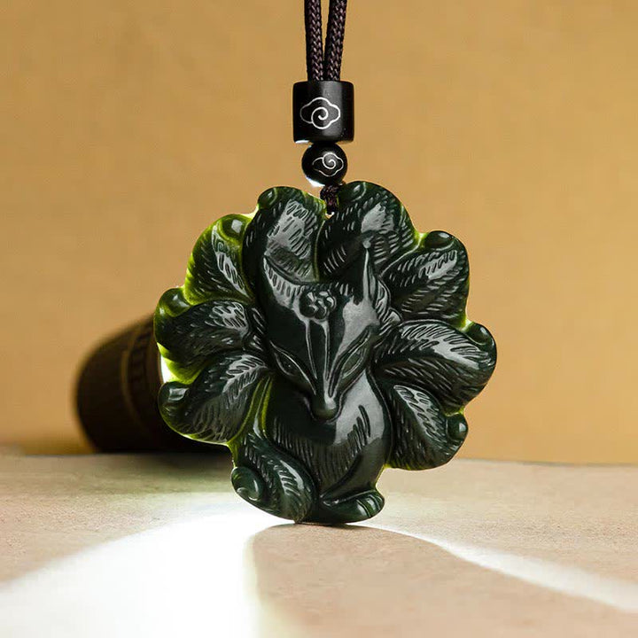 Hetian Cyan Jade Nine Tailed Fox Luck Necklace String Pendant - image 8