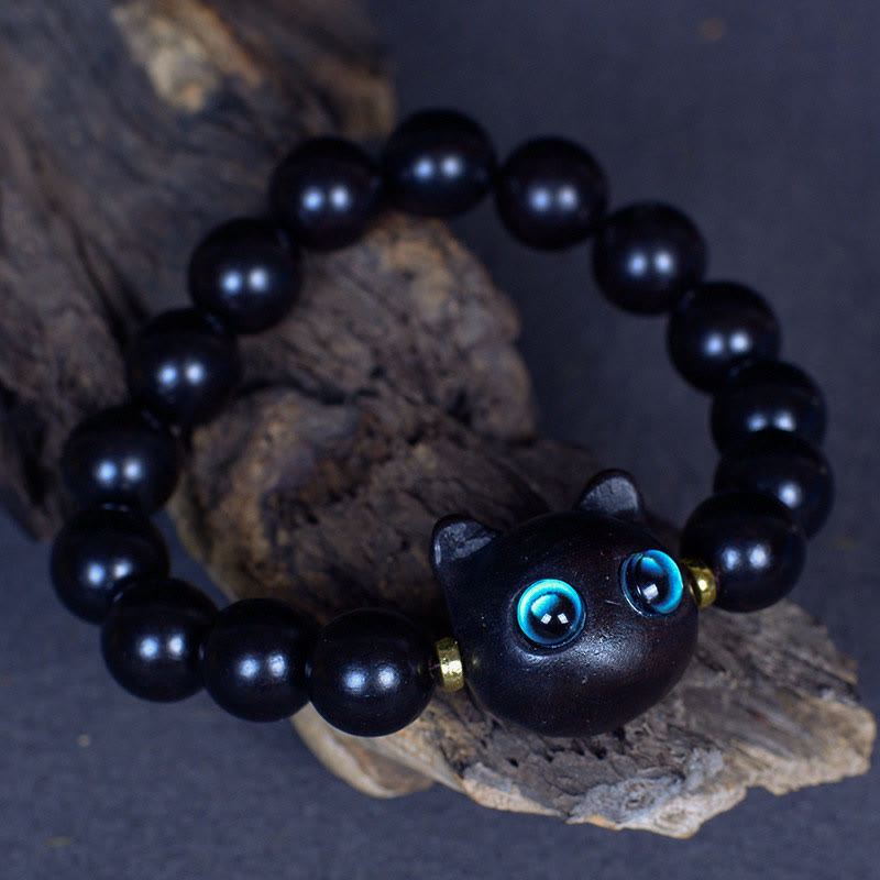 Buddha Stones Ebony Wood Liuli Glass Lovely Cat Peace Balance Bracelet - image 13