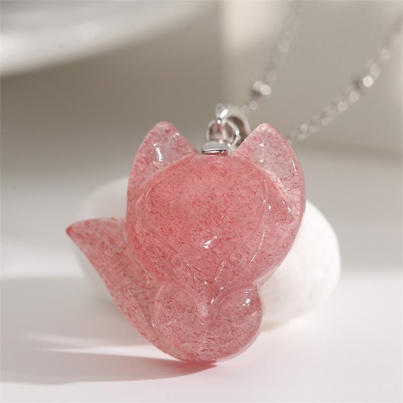 Buddha Stones 14k Gold Plated 925 Sterling Silver Strawberry Quartz Fox Healing Necklace Pendant - Strawberry Quartz&925 Sterling Silver - image 5