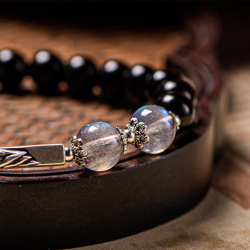 Buddha Stones 925 Sterling Silver Obsidian Moonstone Strength Couple Bracelet - image 15