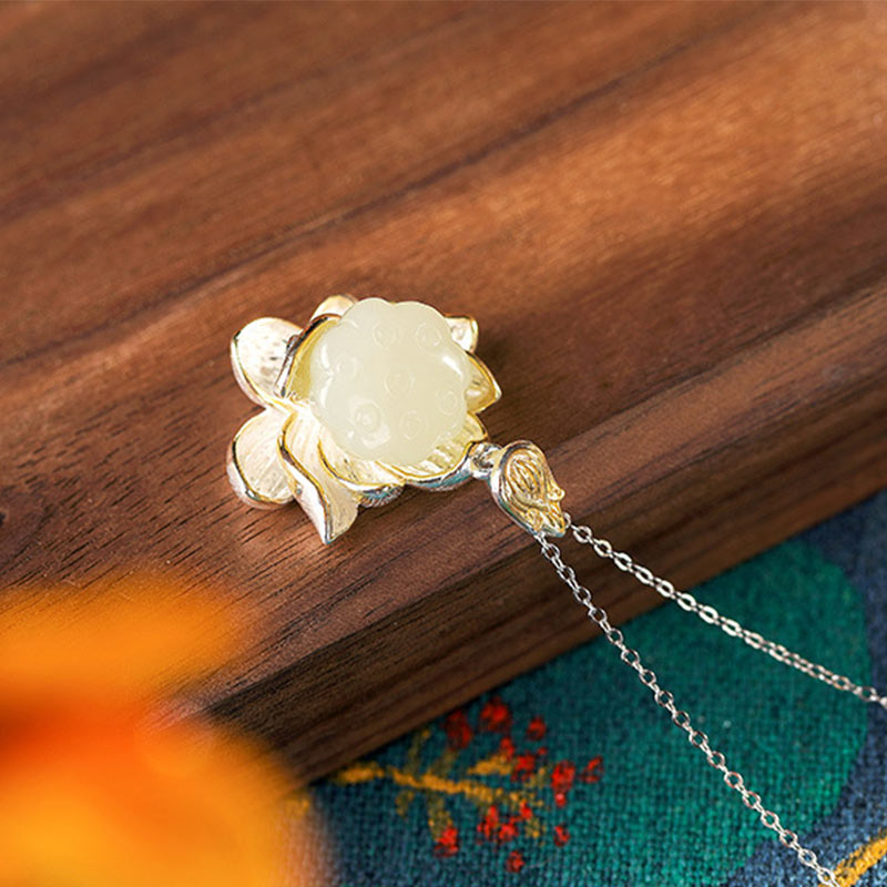 Buddha Stones White Jade Lotus Flower Happiness Necklace - image 5