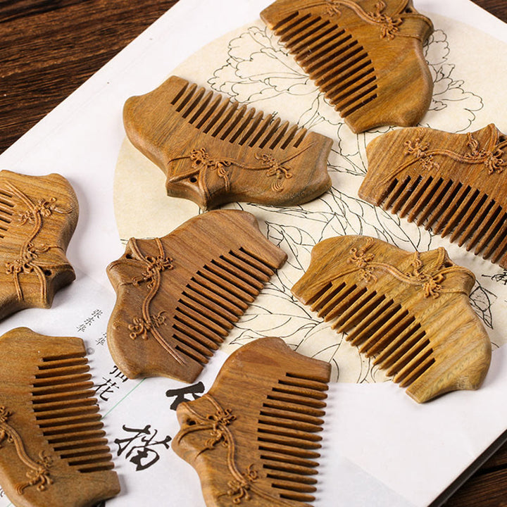 Buddha Stones Green Sandalwood Flower Pattern Engraved Soothing Comb - image 7