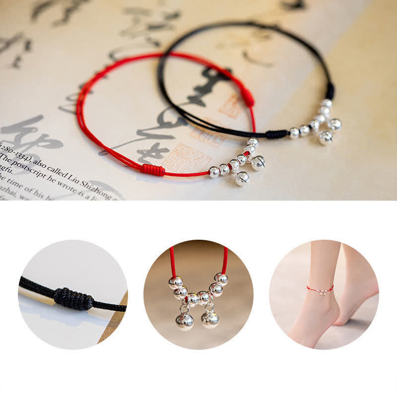 Buddha Stones 925 Sterling Silver Red String Braid Bell Charm Anklet - image 11