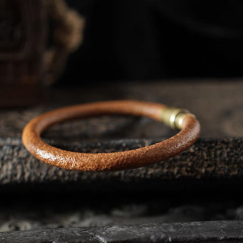 Buddha Stones Retro Leather Luck Healing Copper Magnetic Buckle Bracelet - image 10